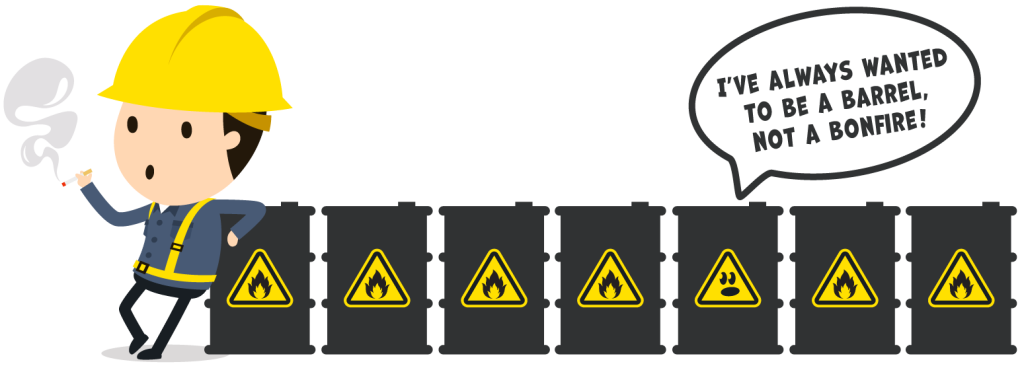 illustration of worker smoking near flammable material "what not to do"
